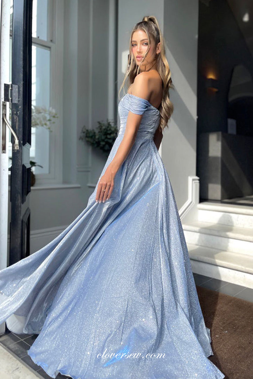 popular prom dresses Navy Shiny Satin Off The Shoulder Side Slit Popular Prom Dresses, CP0833 US2 / As Pic