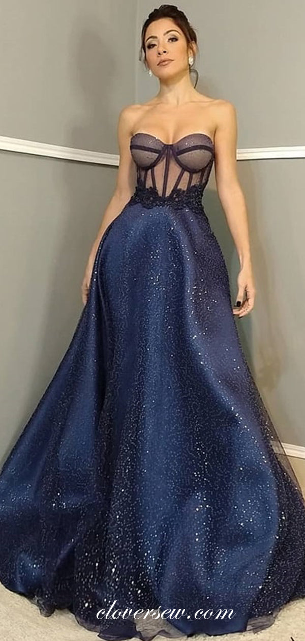 Navy Shiny Sequin Tulle Sexy See Through A-line Formal Dresses, CP0638