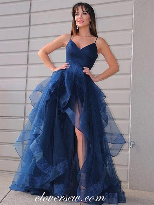 Navy Tulle Ruffles High Low Spaghetti Strap Senior Prom Dresses, CP0982