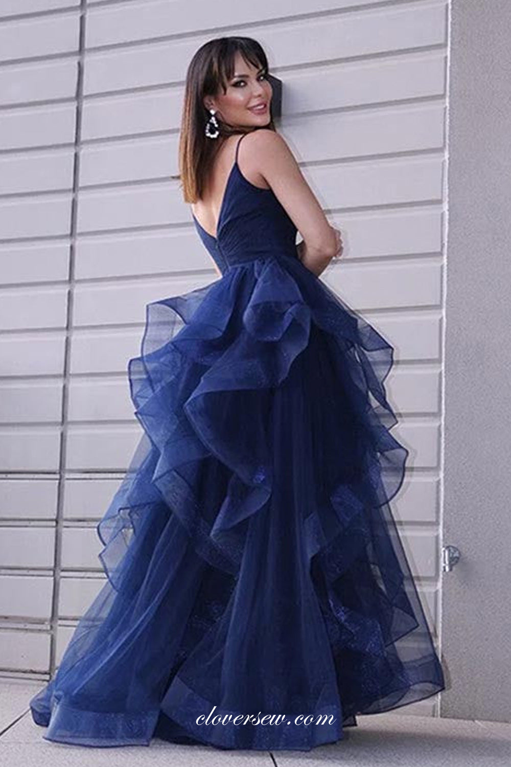 Navy Tulle Ruffles High Low Spaghetti Strap Senior Prom Dresses, CP098 clover sew Navy Tulle Ruffles High Low Spaghetti Strap Senior Prom Dresses, CP098 clover sew