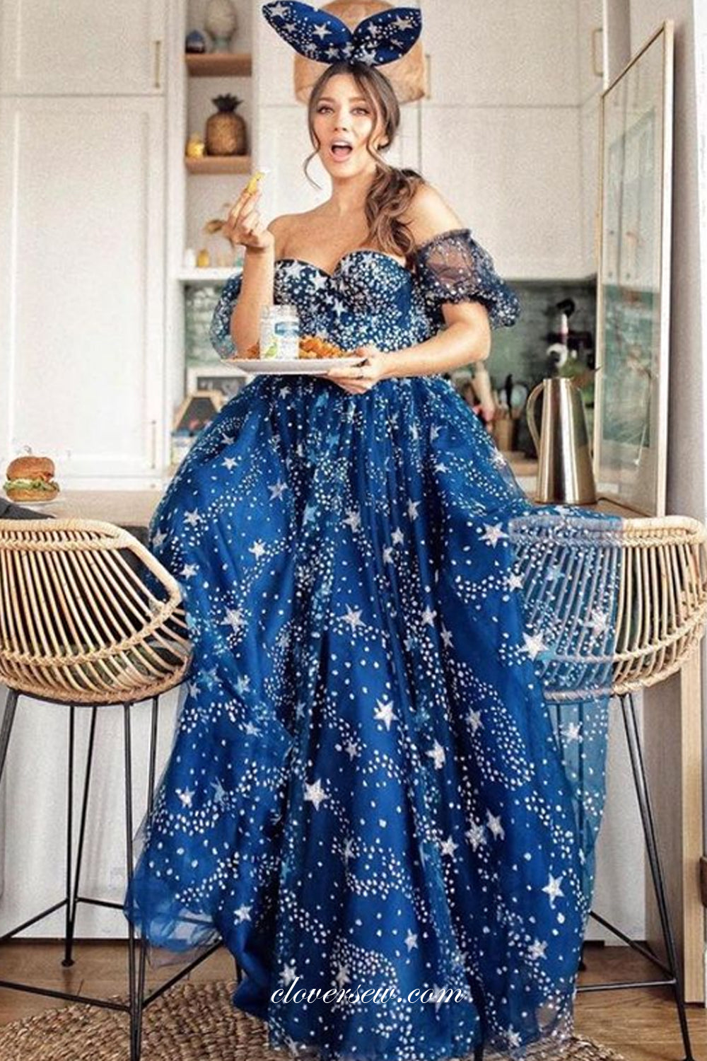 Navy Tulle Starry Night Off The Shoulder Prom Dresses, CP0690
