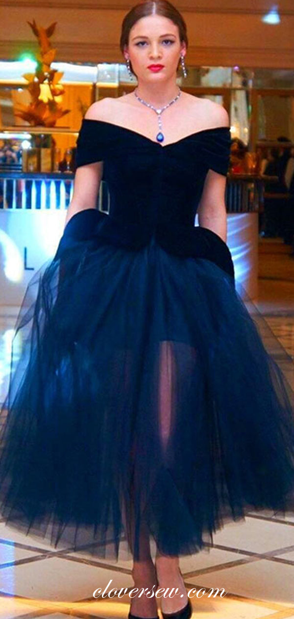 Navy Velvet Tulle Off The Shoulder With Pockets Ankle Length Prom Dresses, CP0505