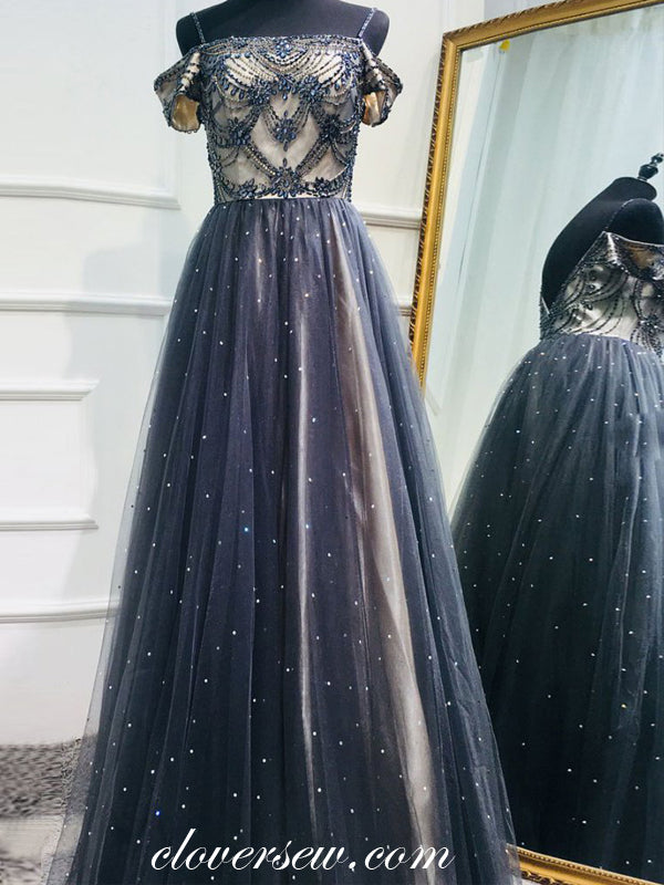 Navy Bead Tulle Spaghetti Strap Off The Shoulder A-line Prom Dresses,CP0362