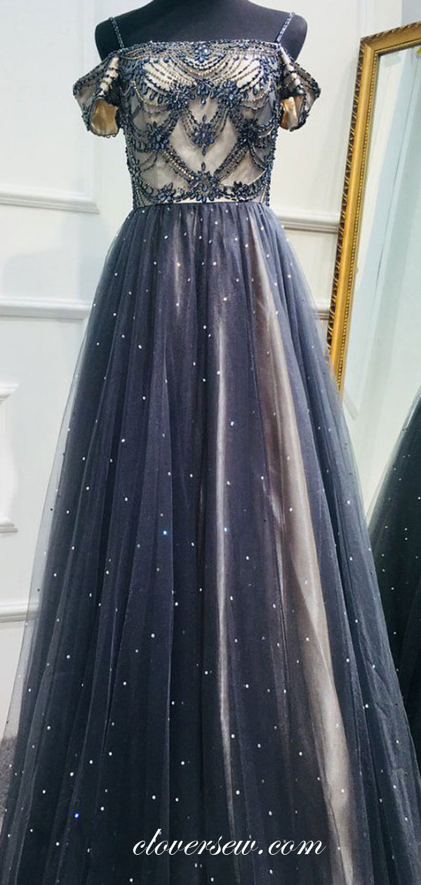 Navy Bead Tulle Spaghetti Strap Off The Shoulder A-line Prom Dresses,CP0362