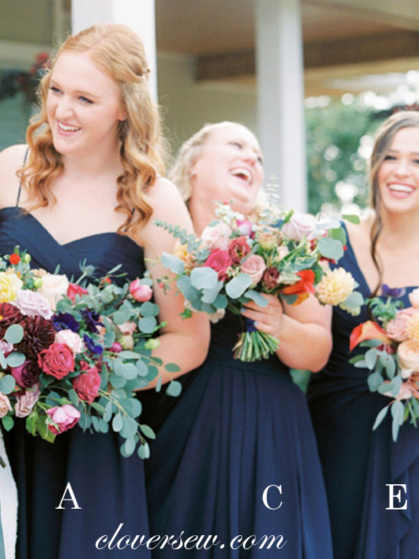 Navy Chiffon Mismatched Sleeveless A-line Long Bridesmaid Dresses, CB0030