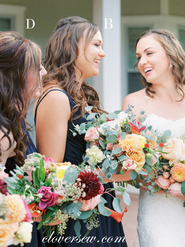 Navy Chiffon Mismatched Sleeveless A-line Long Bridesmaid Dresses, CB0030