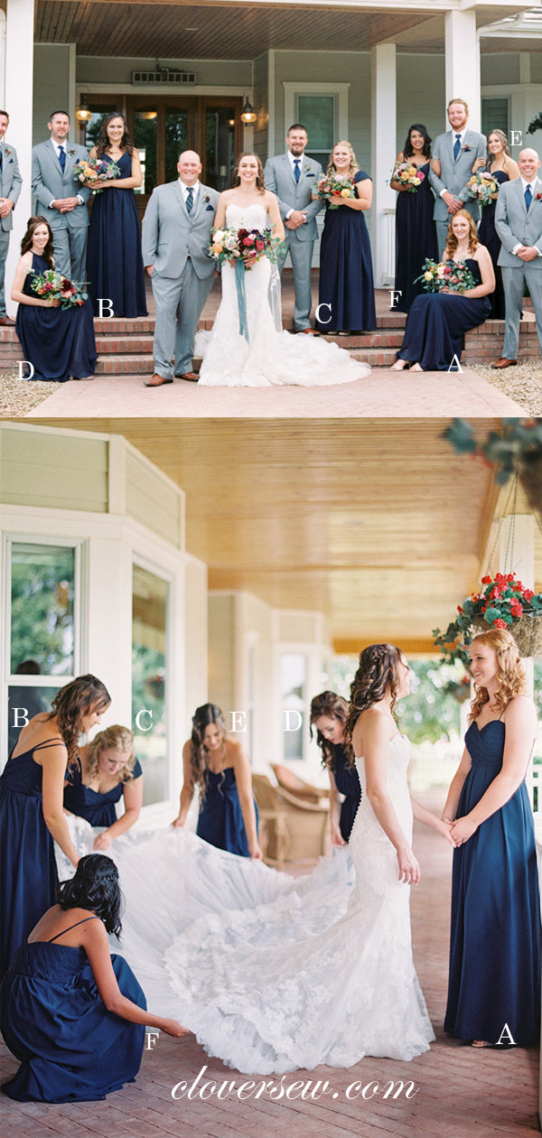 Navy Chiffon Mismatched Sleeveless A-line Long Bridesmaid Dresses, CB0030