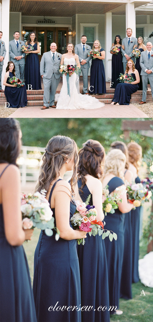 Navy Chiffon Mismatched Sleeveless A-line Long Bridesmaid Dresses, CB0030