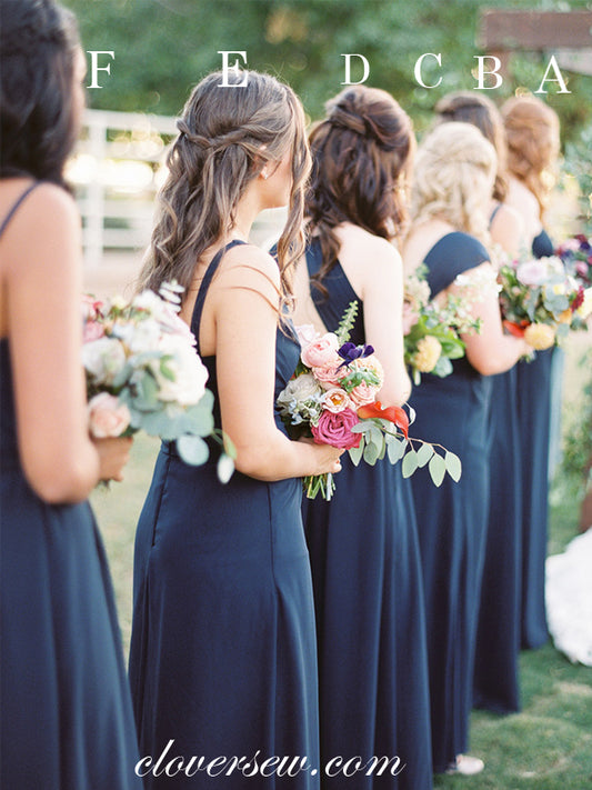 Navy Chiffon Mismatched Sleeveless A-line Long Bridesmaid Dresses, CB0030