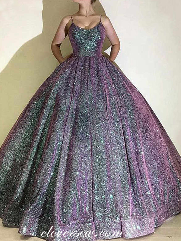 Navy Gradient Shiny Satin Spagehtti Strap Ball Gown Prom Dresses,CP0269