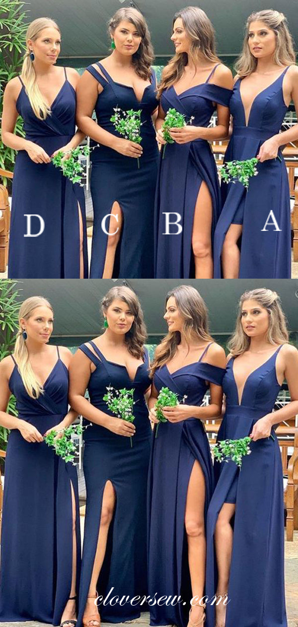 Navy Mismatched Side Slit Spaghetti Strap Column Bridesmaid Dresses, CB0089 Navy Mismatched Side Slit Spaghetti Strap Column Bridesmaid Dresses, CB0089