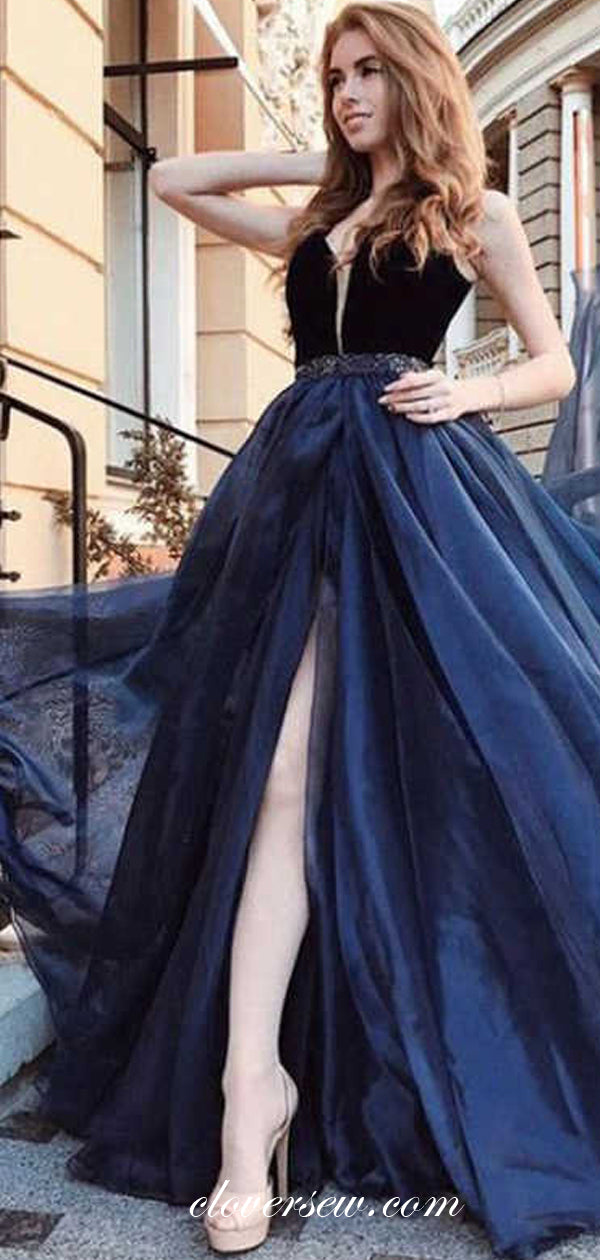 Navy Organza High Slit Beading Belt Sleeveless Prom Dresses, CP0019 clover sew Navy Organza High Slit Beading Belt Sleeveless Prom Dresses, CP0019 clover sew