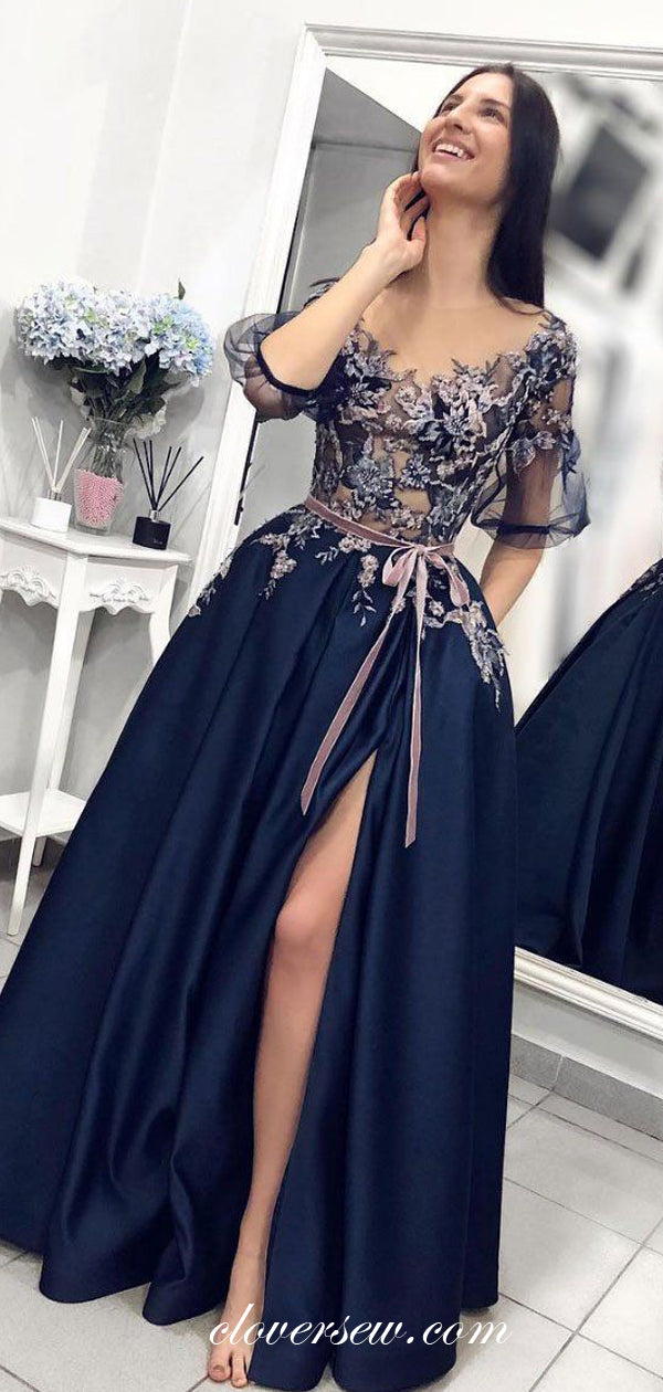 Navy Satin Tulle Appliques Half Sleeves Slit Prom Dresses, CP0011 clover sew Navy Satin Tulle Appliques Half Sleeves Slit Prom Dresses, CP0011 clover sew