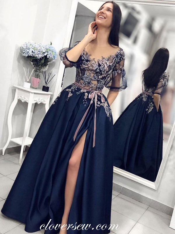Navy Satin Tulle Appliques Half Sleeves Slit Prom Dresses, CP0011