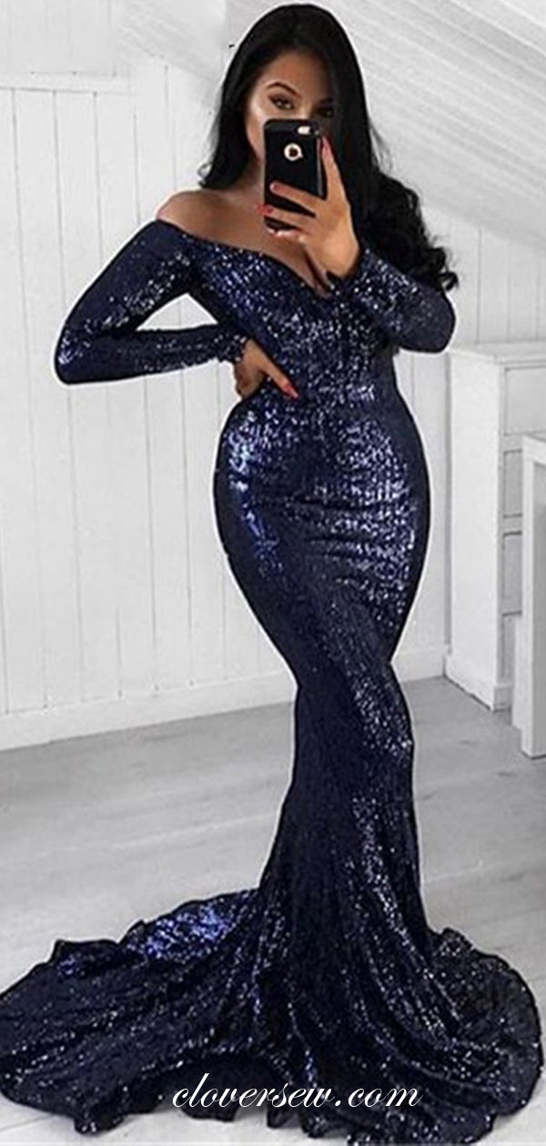 Navy Sequin Off The Shoulder Long Sleeves Mermaid Prom Dresses,CP0154