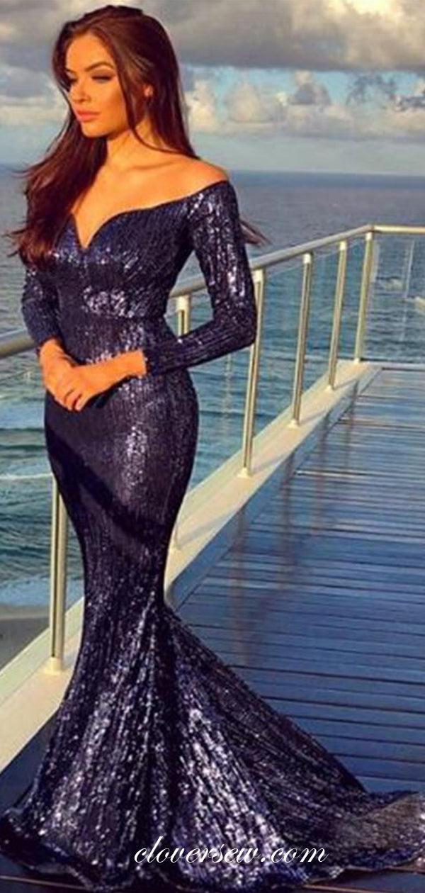 Navy Sequin Off The Shoulder Long Sleeves Mermaid Prom Dresses,CP0154