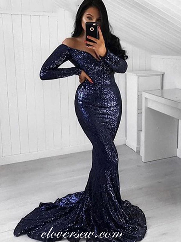 Navy Sequin Off The Shoulder Long Sleeves Mermaid Prom Dresses,CP0154