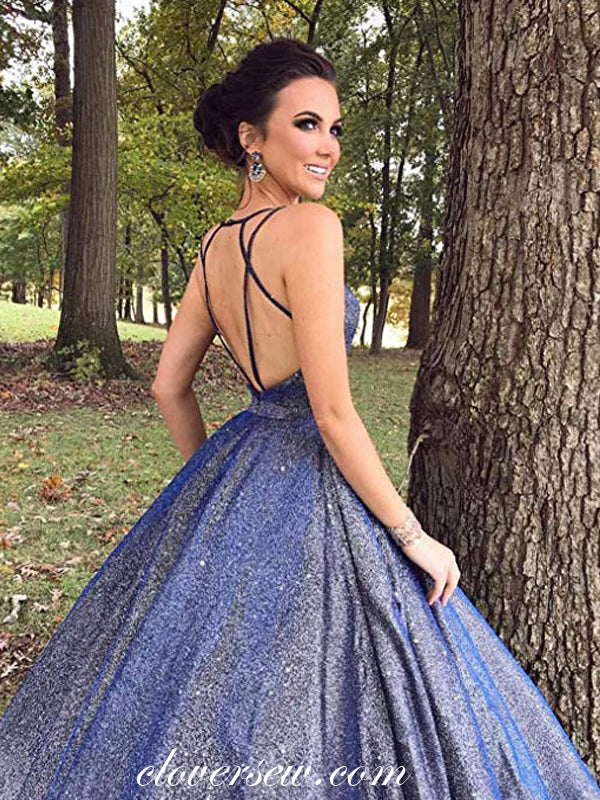 Navy Shiny Satin Criss-cross Spaghetti Strap A-line Prom Dresses,CP0282