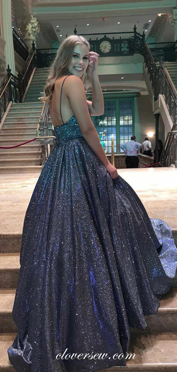 Navy Shiny Satin V-neck Spaghetti Strap A-line Prom Dresses,CP0281