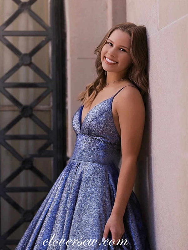 Navy Shiny Satin V-neck Spaghetti Strap A-line Prom Dresses,CP0281