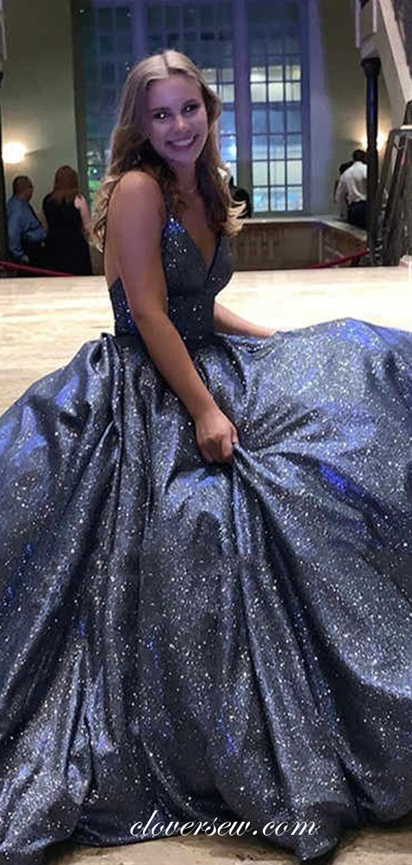 Navy Shiny Satin V-neck Spaghetti Strap A-line Prom Dresses,CP0281