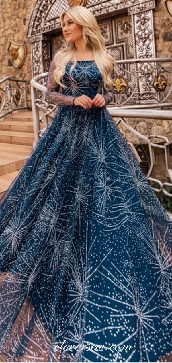 Navy Starry Night Lace Long Sleeves A-line Prom Dresses,CP0345 Navy Starry Night Lace Long Sleeves A-line Prom Dresses,CP0345