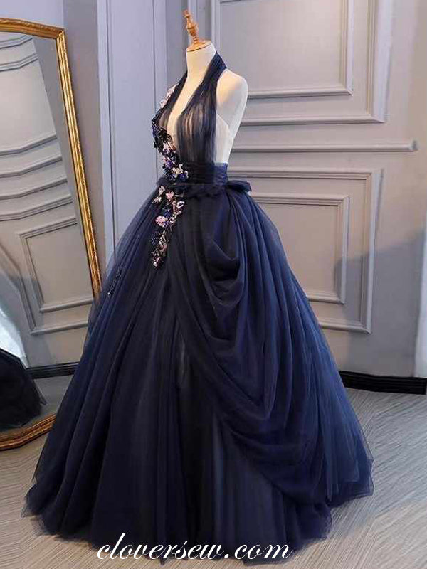 Navy Tulle Appliques Halter Gorgeous Ball Gown Prom Dresses, CP0026
