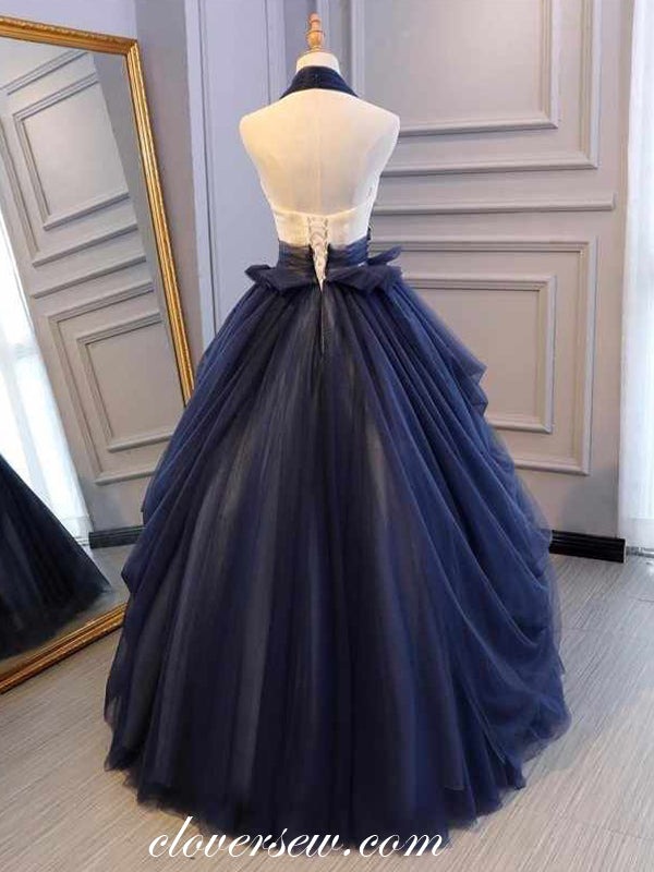 Navy Tulle Appliques Halter Gorgeous Ball Gown Prom Dresses, CP0026 clover sew Navy Tulle Appliques Halter Gorgeous Ball Gown Prom Dresses, CP0026 clover sew