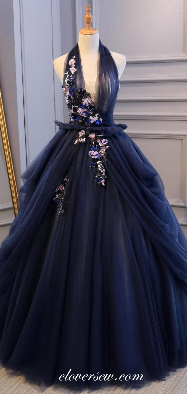 Navy Tulle Appliques Halter Gorgeous Ball Gown Prom Dresses, CP0026