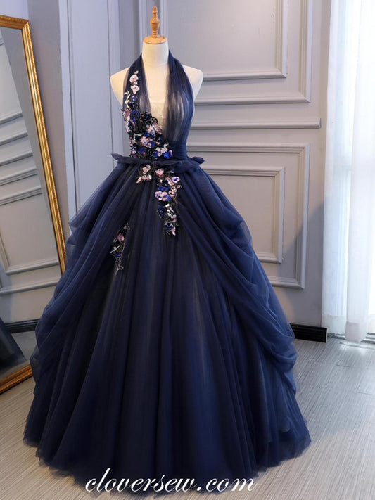 Navy Tulle Appliques Halter Gorgeous Ball Gown Prom Dresses, CP0026