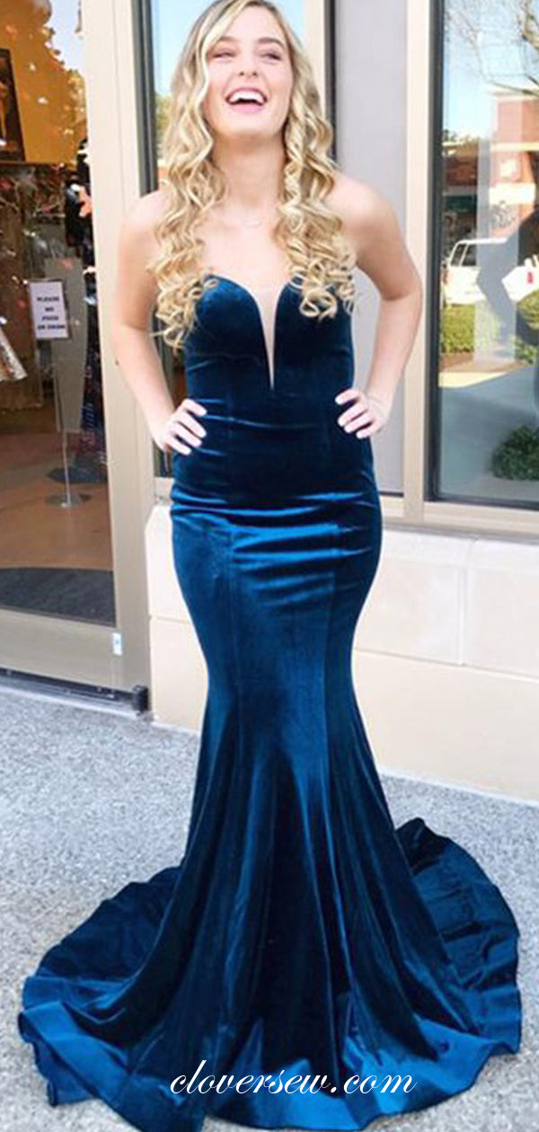 Navy Velvet Mermaid Lace Up Back Prom Dresses, CP0116