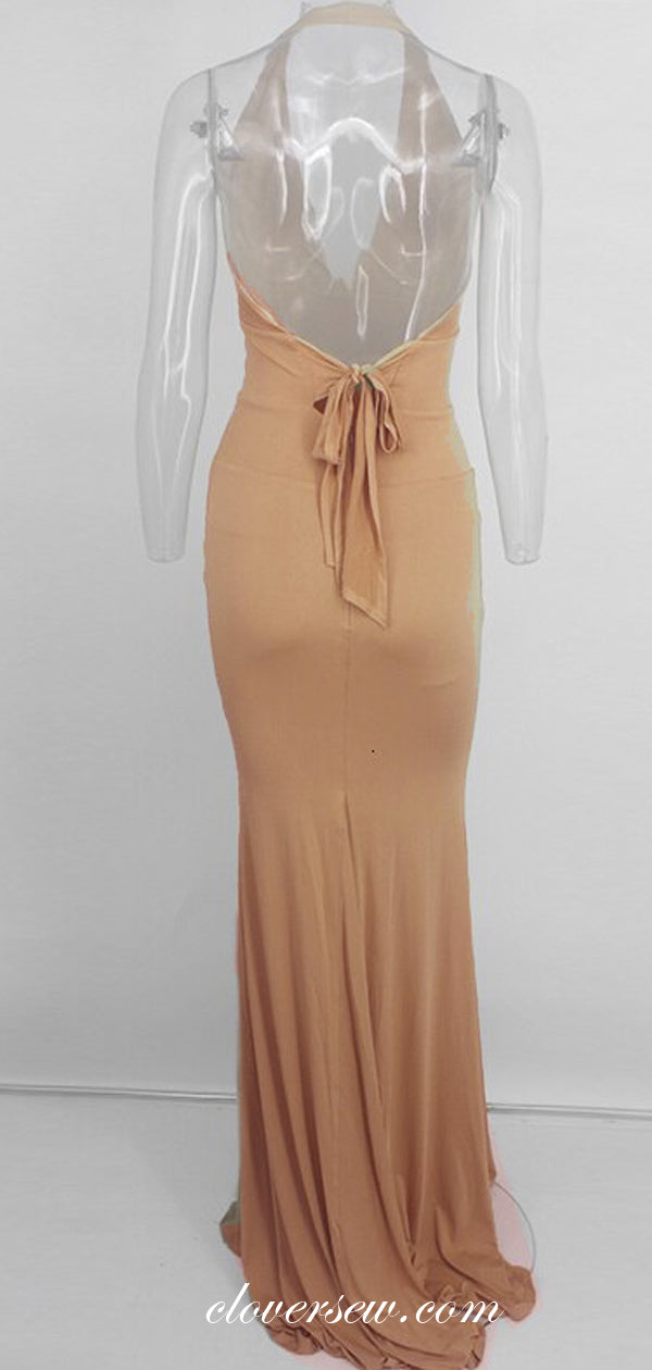 Nude Jersey Halter Sexy Mermaid Bodycon Backless Party Dresses, CP0598