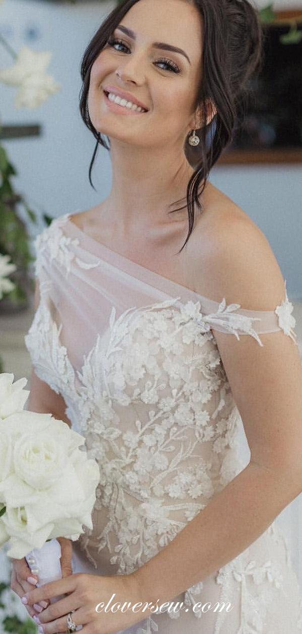 Nude Lace Applique Off The Shoulder Sheath Wedding Dresses, CW0188