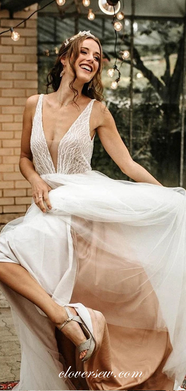 Nude Lining V-neck Side Slit Fashion Wedding Dresses, CW0203 Nude Lining V-neck Side Slit Fashion Wedding Dresses, CW0203