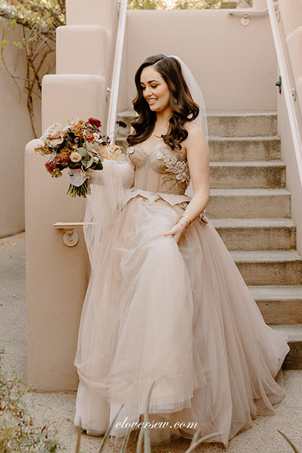 Nude Vintage Princess Sweetheart Applique Ball Gown Wedding Dresses, CW0257