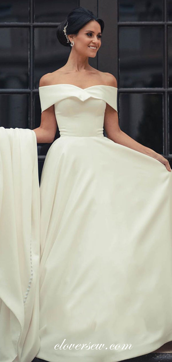 Off The Shoulder A-line Ivory Satin Simple Elegant Wedding Dresses ,CW clover sew Off The Shoulder A-line Ivory Satin Simple Elegant Wedding Dresses ,CW clover sew