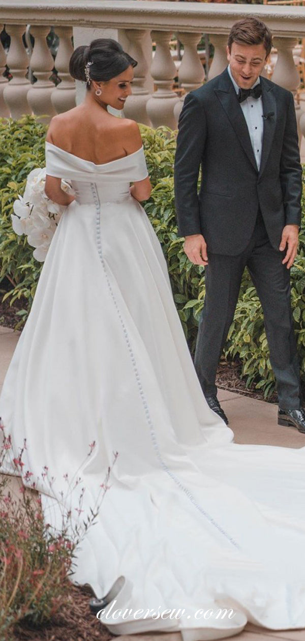 Off The Shoulder A-line Ivory Satin Simple Elegant Wedding Dresses ,CW0161