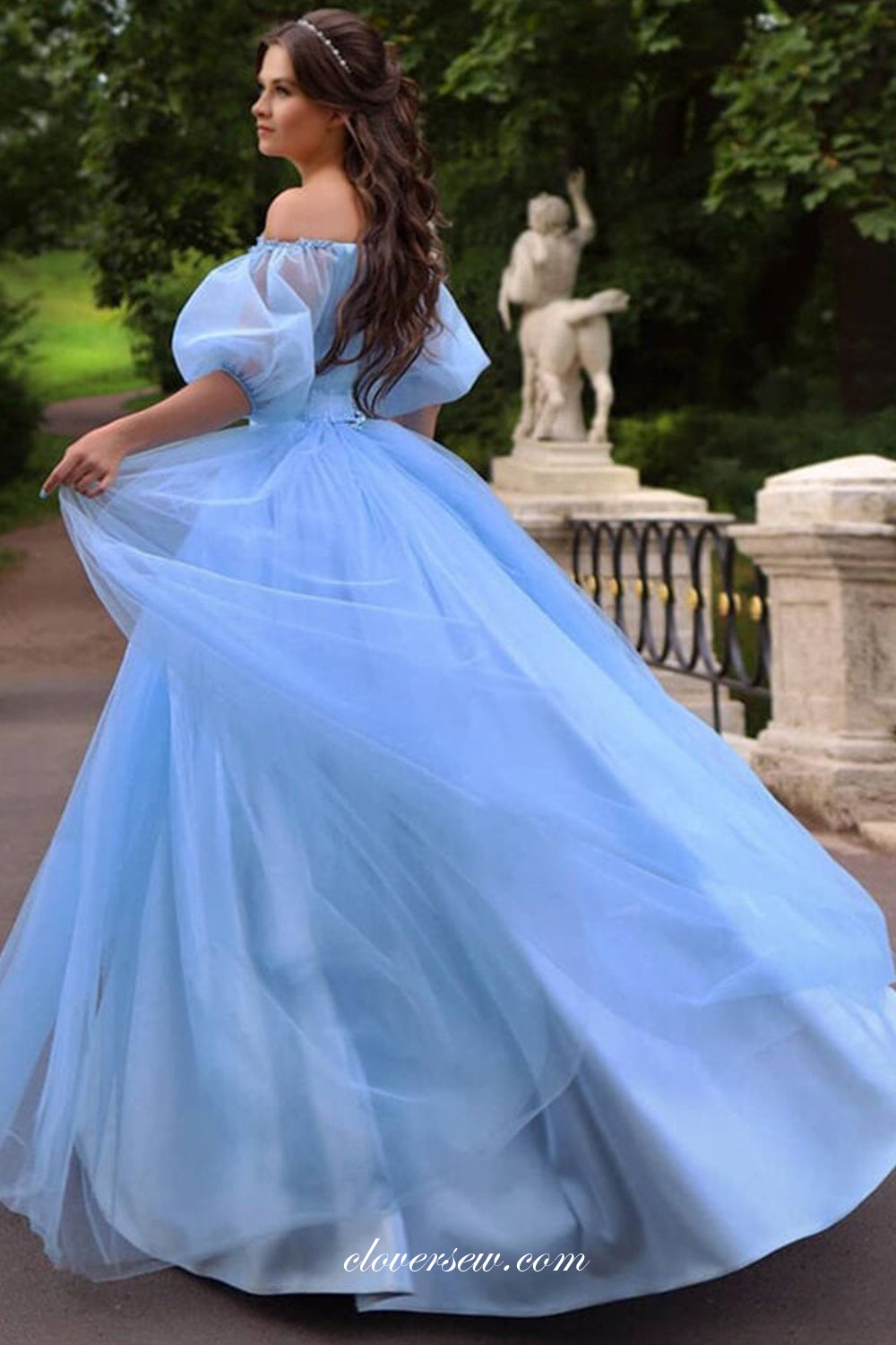 Off The Shoulder Blue Applique Tulle A-line Prom Dresses, CP0825
