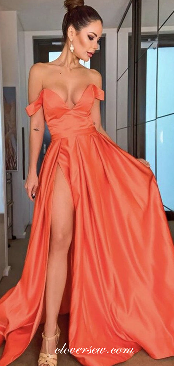 Off The Shoulder Dark Orange A-line Side Slit Prom Dresses, CP0648