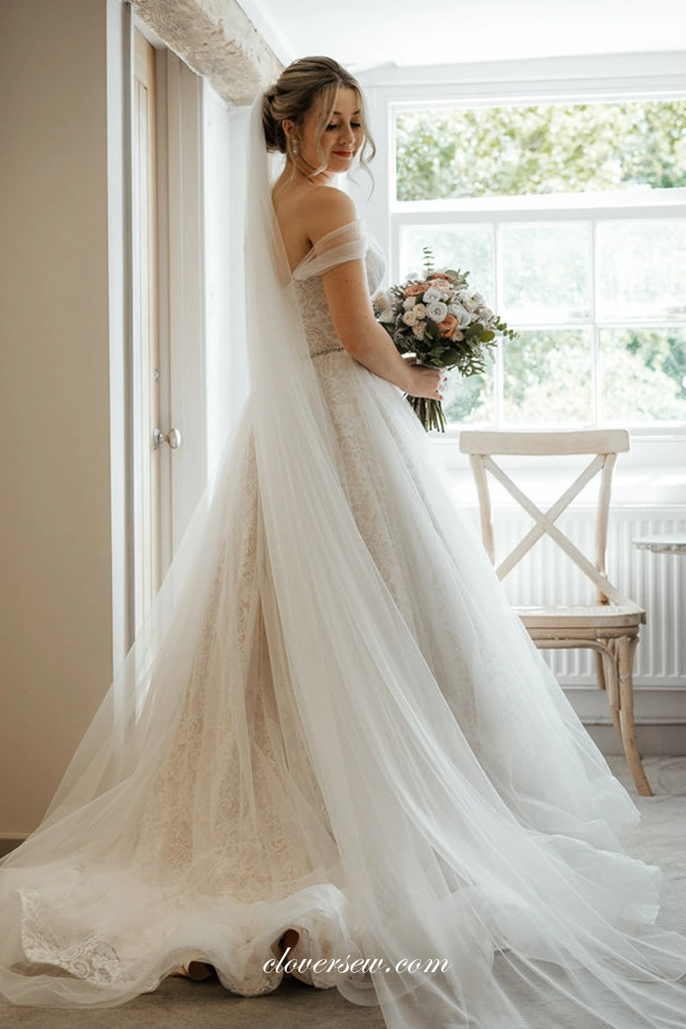 Off The Shoulder Ivory Lace A-line Charming Wedding Dresses, CW0266 clover sew Off The Shoulder Ivory Lace A-line Charming Wedding Dresses, CW0266 clover sew