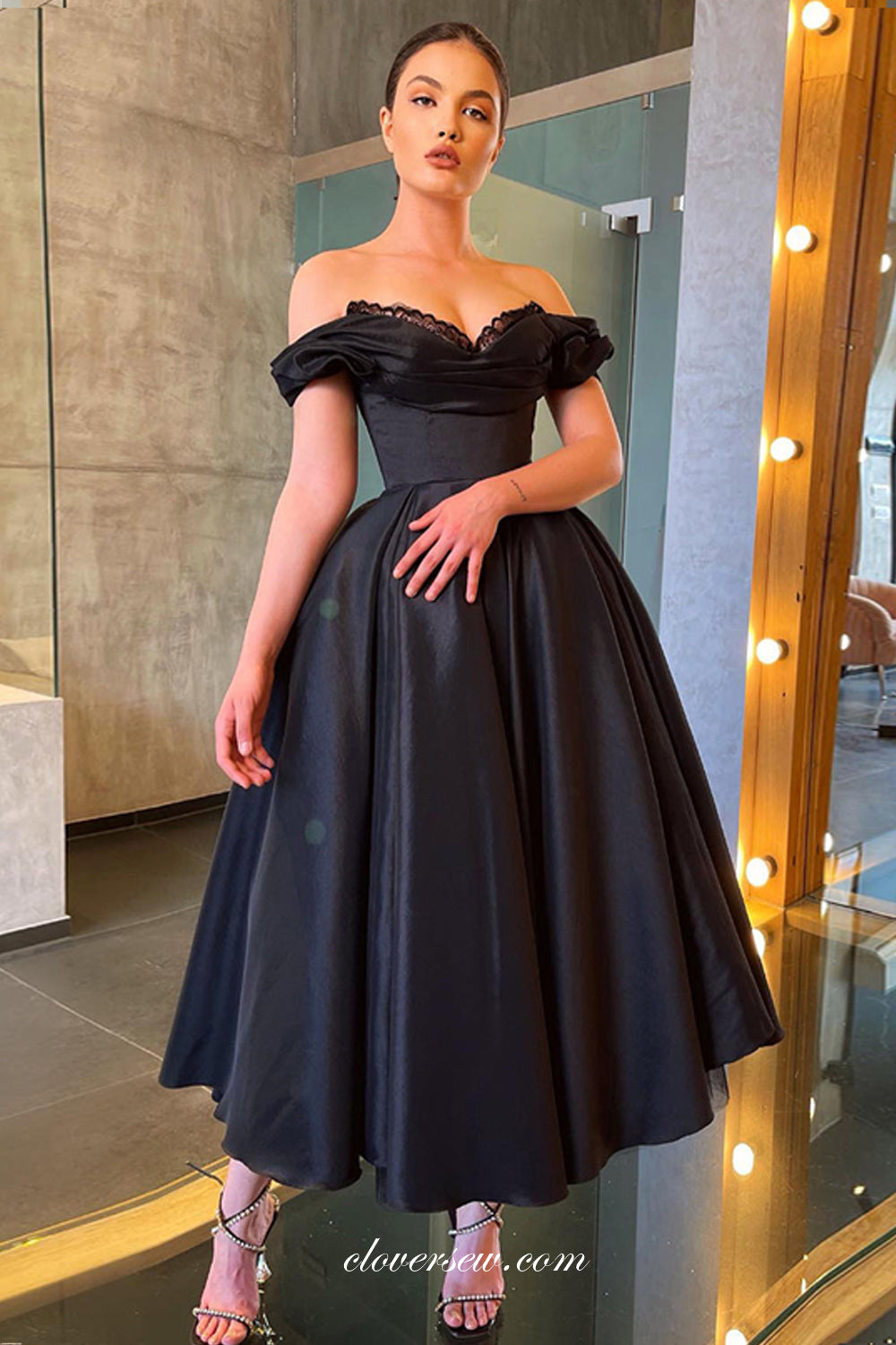 Off The Shoulder Lace Satin A-line Charming Ankle-length Prom Dresses, clover sew Off The Shoulder Lace Satin A-line Charming Ankle-length Prom Dresses, clover sew