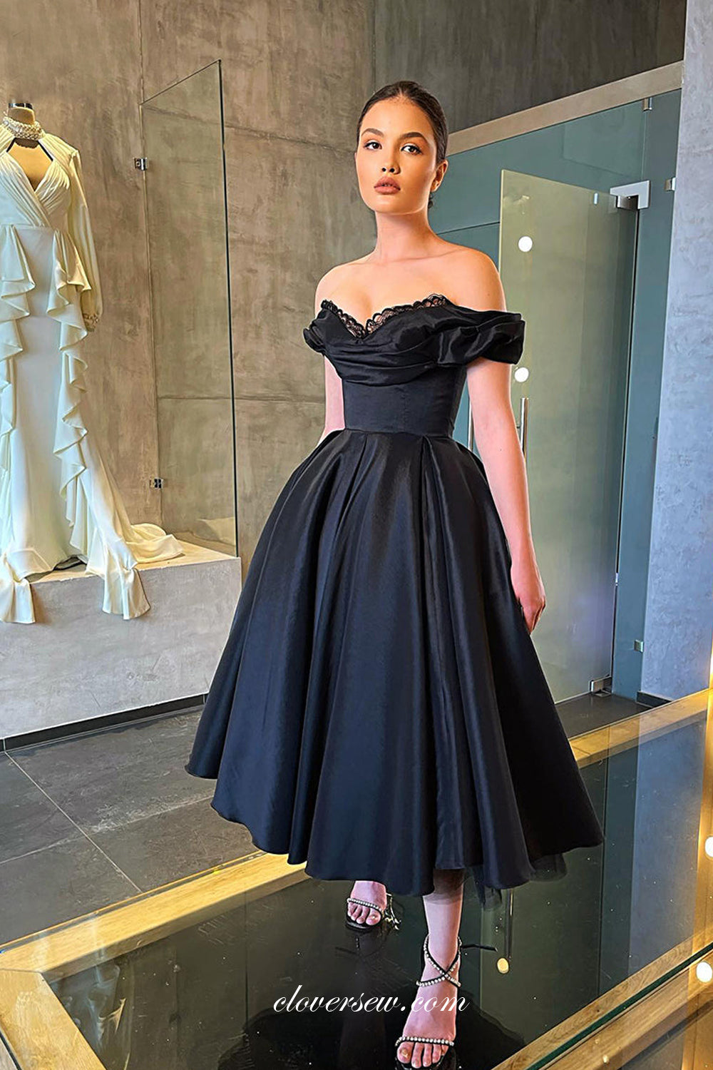 Off The Shoulder Lace Satin A-line Charming Ankle-length Prom Dresses, CP0942