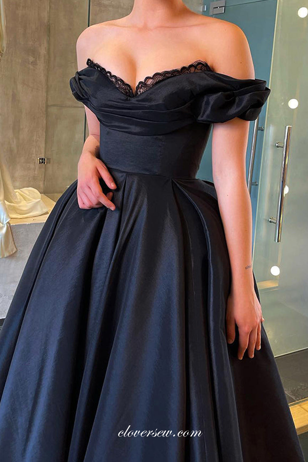 Off The Shoulder Lace Satin A-line Charming Ankle-length Prom Dresses, CP0942