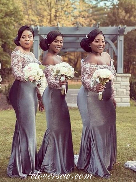 Off The Shoulder Lace Silver Velvet Mermaid Bridesmaid Dresses, CB0222