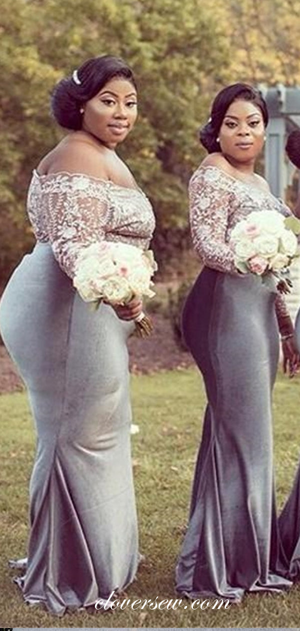Off The Shoulder Lace Silver Velvet Mermaid Bridesmaid Dresses, CB0222