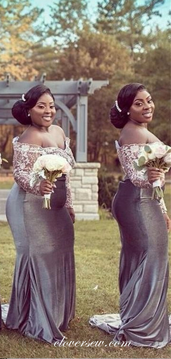 Knee Length Grey Bridesmaid Skirt Off The Shoulder Lace Silver Velvet Mermaid Bridesmaid Dresses, CB0222 Clover Sew Knee Length Grey Bridesmaid Skirt Off The Shoulder Lace Silver Velvet Mermaid Bridesmaid Dresses, CB0222 Clover Sew