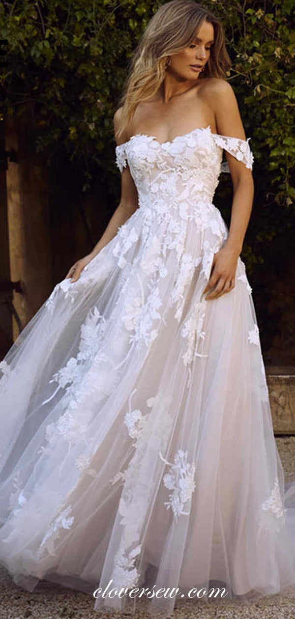 Off The Shoulder Lace Up Back Ivory Lace Wedding Dresses,CW0110 Off The Shoulder Lace Up Back Ivory Lace Wedding Dresses,CW0110