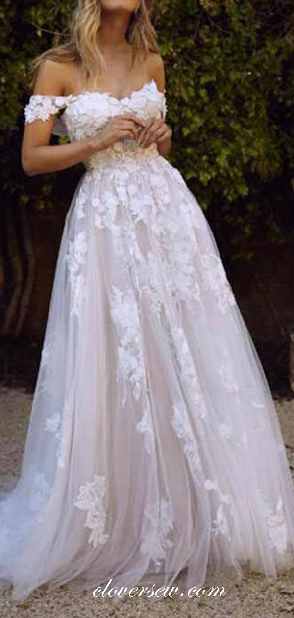 Off The Shoulder Lace Up Back Ivory Lace Wedding Dresses,CW0110