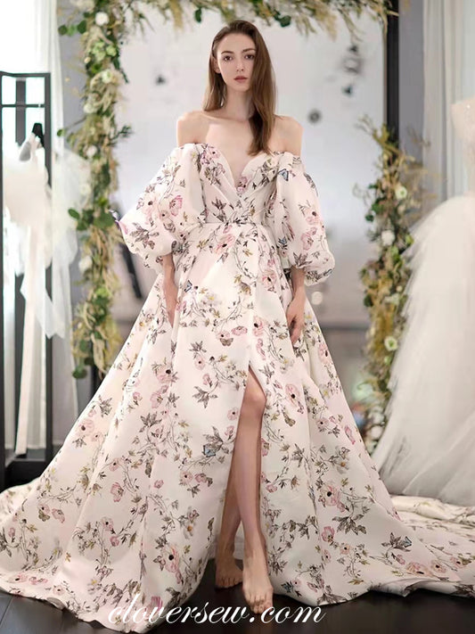 Off The Shoulder Lantern Sleeves High Slit Floral Satin Spring Wedding Dresses, CW0305