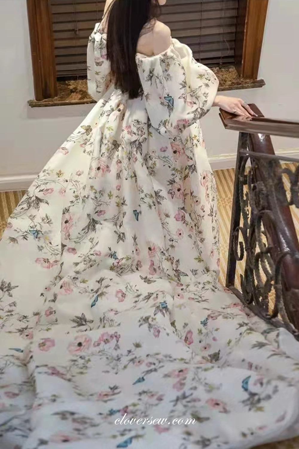 Off The Shoulder Lantern Sleeves High Slit Floral Satin Spring Wedding Dresses, CW0305